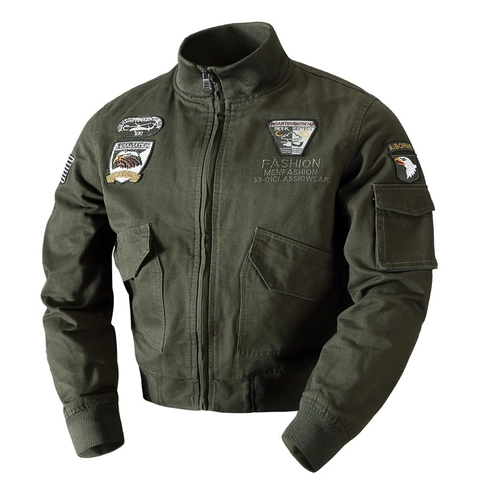 Chaqueta Bomber Militar para Hombre Lona de Algodón Abrigo de Vuelo Táctico Con Parches Bordados Cuello Alto Casual