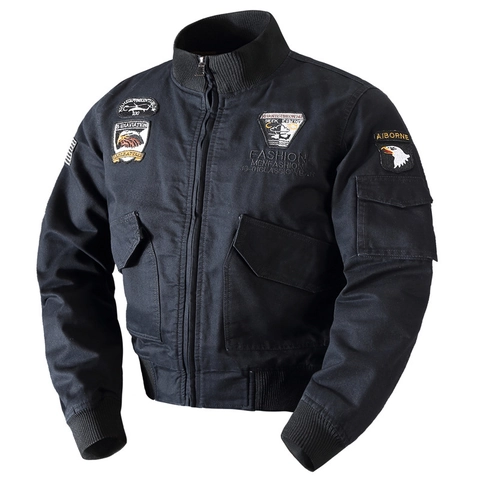 Chaqueta Bomber Militar para Hombre Lona de Algodón Abrigo de Vuelo Táctico Con Parches Bordados Cuello Alto Casual