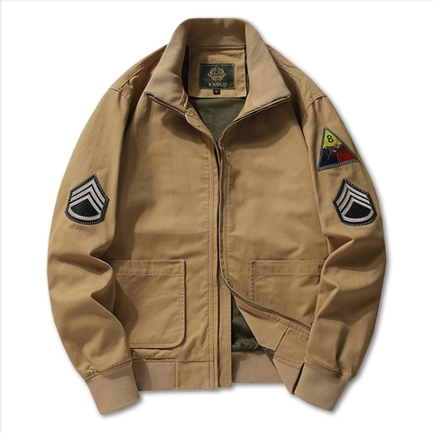 Men Vintage Military Style Jacket Pure Cotton Stand Collar Zipper Flight Jacket Casual Retro Workwear Outwear For Men