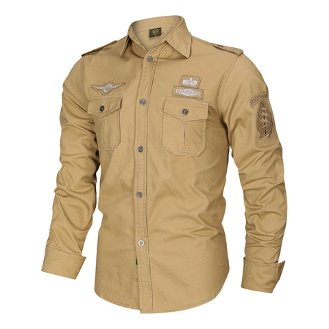 Men's Military Cargo Shirt Pure Cotton Long Sleeve Tactical Outdoor Shirt With Epaulets And Embroidery Patches Casual Top