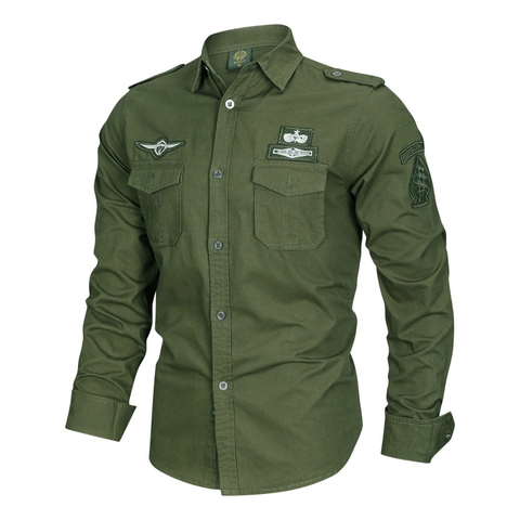Men's Military Cargo Shirt Pure Cotton Long Sleeve Tactical Outdoor Shirt With Epaulets And Embroidery Patches Casual Top