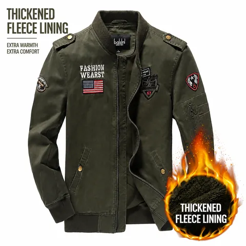 Men's Military Flight Bomber Jacket Pure Cotton Fleece Lined Warm Winter Coat Embroidered Badges Ribbed Cuffs For Men
