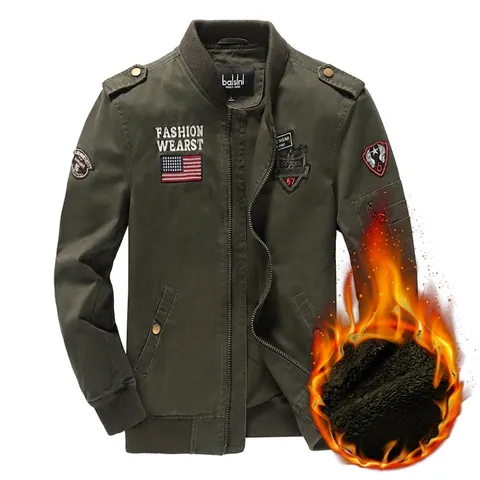 Men's Military Flight Bomber Jacket Pure Cotton Fleece Lined Warm Winter Coat Embroidered Badges Ribbed Cuffs For Men