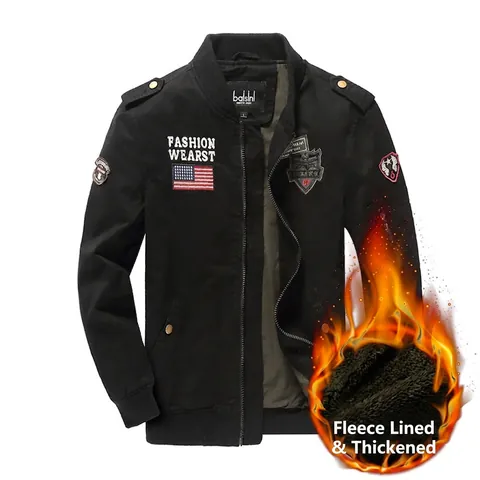 Men's Military Flight Bomber Jacket Pure Cotton Fleece Lined Warm Winter Coat Embroidered Badges Ribbed Cuffs For Men