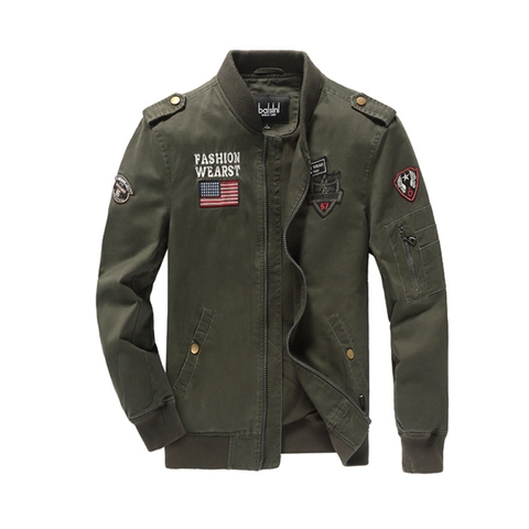 Chaqueta de Vuelo de Algodón para Hombre Bomber Militar Con Bordado de Tiburón Corte Entallado Cuello Alto Chaqueta Casual