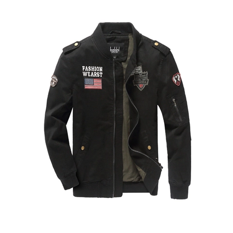 Chaqueta de Vuelo de Algodón para Hombre Bomber Militar Con Bordado de Tiburón Corte Entallado Cuello Alto Chaqueta Casual