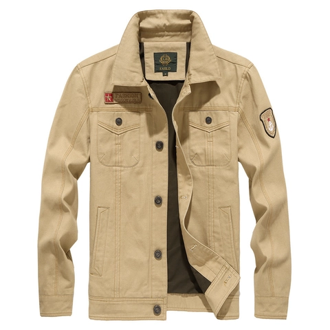Men's Cargo Jacket 100% Cotton Canvas Fabric Multi-Pockets Patchwork Embroidery Military Vintage Outdoor Casual Loose Coat