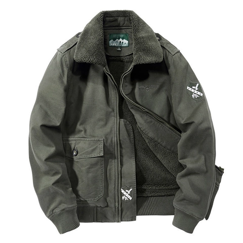 Men's Winter Bomber Jacket Fleece Lined Thickened Military Workwear Jacket With Lamb Wool Collar Warm Cotton Outerwear