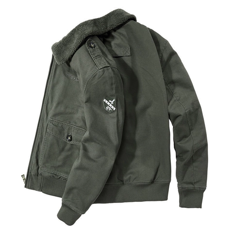 Men's Winter Bomber Jacket Fleece Lined Thickened Military Workwear Jacket With Lamb Wool Collar Warm Cotton Outerwear