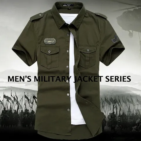 Men's Military Style Short Sleeve Shirt Cotton Cargo Workwear Tactical Top With Epaulets And Embroidery Patches Casual Button Down Summer Clothing