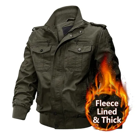 Men Winter Military Tooling Cotton Jacket Fleece Lined Thick Warm Stand Collar Multi Pocket Casual Outerwear Top