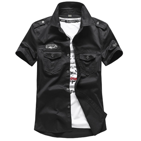 Camicia da Uomo a Maniche Corte in Stile Militare Puro Cotone Traspirante Cargo Workwear Abbottonata Con Tasche sul Petto Taglie Forti Casual