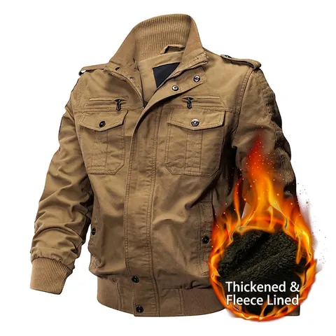 Men Winter Military Tooling Cotton Jacket Fleece Lined Thick Warm Stand Collar Multi Pocket Casual Outerwear Top