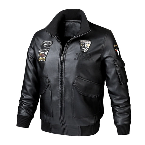Chaqueta de Vuelo de Cuero PU para Hombre Bordado Militar Piloto Bomber Abrigo Antiviento Casual Ropa para Primavera Otoño Hombre