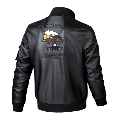 Chaqueta de Vuelo de Cuero PU para Hombre Bordado Militar Piloto Bomber Abrigo Antiviento Casual Ropa para Primavera Otoño Hombre