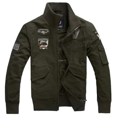 Men Military Bomber Jacket Cotton Canvas Flight Jacket Embroidery Patches Stand Collar Casual Outerwear Coat Long Sleeve For Men