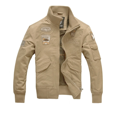 Men Military Bomber Jacket Cotton Canvas Flight Jacket Embroidery Patches Stand Collar Casual Outerwear Coat Long Sleeve For Men