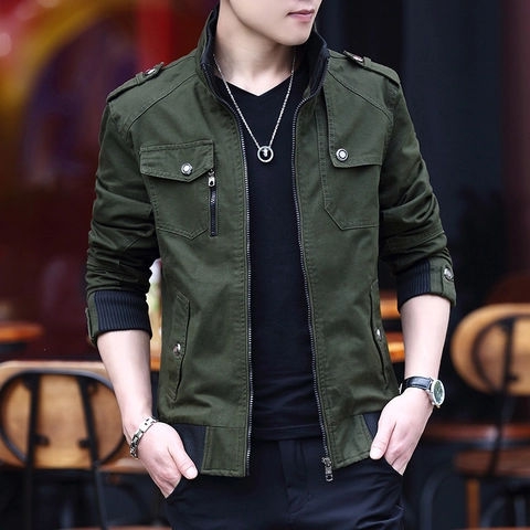 Herren Militär Stil Jacke Gewaschene Baumwolle Stehkragen Mehrere Taschen Casual Outdoor Mantel Für Männer Slim Fit Windjacke