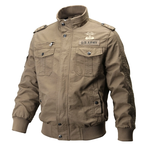 Chaqueta Táctica Militar para Hombre 100% Algodón Cuello Alto Abrigo de Vuelo Bordado Multibolsillos Vintage Cargo Outwear para Hombre