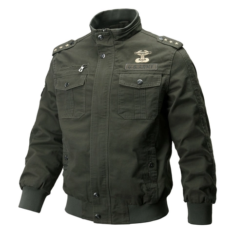 Chaqueta Táctica Militar para Hombre 100% Algodón Cuello Alto Abrigo de Vuelo Bordado Multibolsillos Vintage Cargo Outwear para Hombre