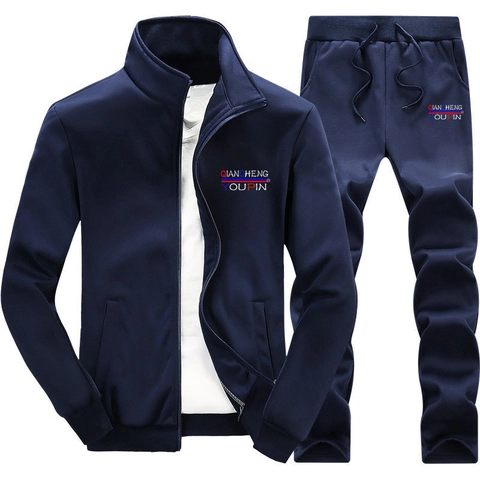 Men Sports Suit Cotton Blend Zipper Jacket And Joggers Set Casual Long Sleeve Tracksuit For Running Gym Fitness