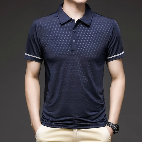 Polo Homme Business Décontracté Satin de Glace Respirant Haute Élasticité Manches Courtes Haut Couleur Unie Texturé Chemises Homme