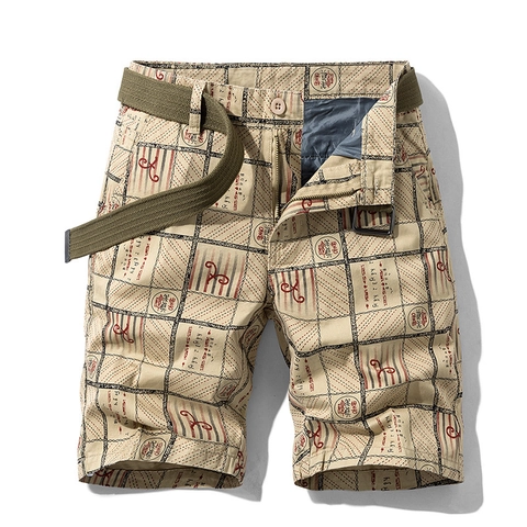 Pantalones Cortos Cargo Vintage para Hombre Algodón Transpirable Cuadros Recto Casual Verano Pantalones Cortos Aire Libre Cinturón