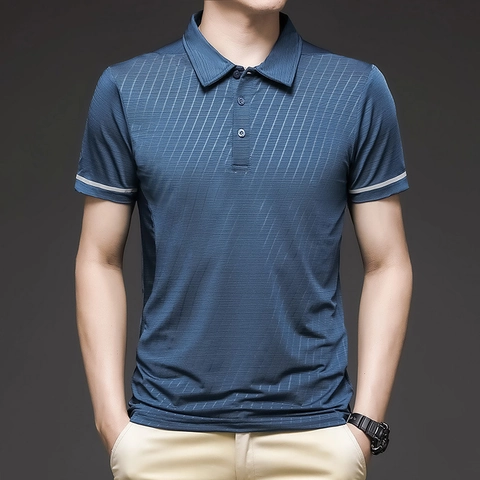 Polo Homme Business Décontracté Satin de Glace Respirant Haute Élasticité Manches Courtes Haut Couleur Unie Texturé Chemises Homme