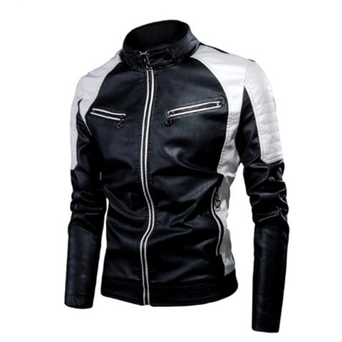 Men's Casual PU Leather Motorcycle Jacket Stand Collar Color Block Zip Up Outerwear Spring Autumn Fashion Coat