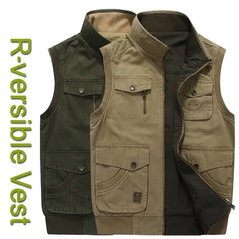 Chaleco de Trabajo Reversible para Hombre 100% Algodón Multi Bolsillo Cuello Alto Casual Aire Libre Pesca Chaleco Talla Grande Ropa Hombre