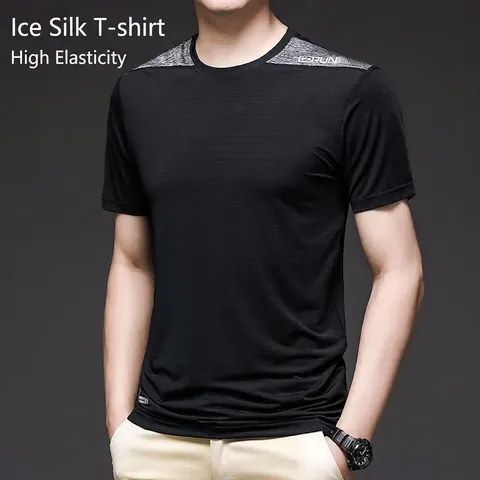 Herren EisSatin Schnelltrocknend T-Shirt Kurzarm Sportlich Schlanke Passform Rundhals Sommer Top Mit Schulter Patchwork Und Buchstabendruck