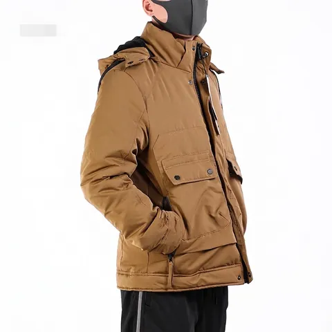Men's Winter Warm Hooded Down Jacket Solid Color Multi Pocket Puffer Coat Thick Outdoor Windproof Outerwear For Men
