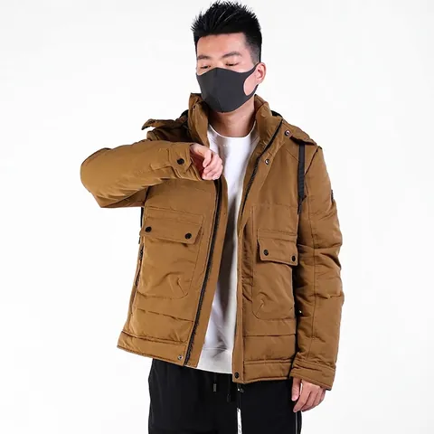 Men's Winter Warm Hooded Down Jacket Solid Color Multi Pocket Puffer Coat Thick Outdoor Windproof Outerwear For Men