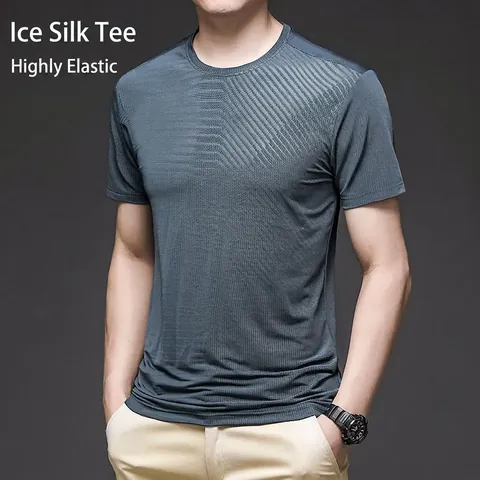 Herren Eisseide Kurzarm T-Shirt Schnelltrocknend Rundhals Sommer Casual Atmungsaktiv Leicht Einfarbig Sportlich Top