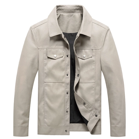 Men PU Leather Jacket Multi Pocket Faux Leather Moto Biker Coat Lapel Snap Button Solid Color Outerwear For Casual Daily