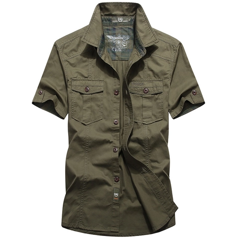 Heren Korte Mouw Katoen Cargo Overhemd Militaire Stijl Knoopsluiting Casual Werkoverhemd Met Dubbele Zakken Geruite Bies
