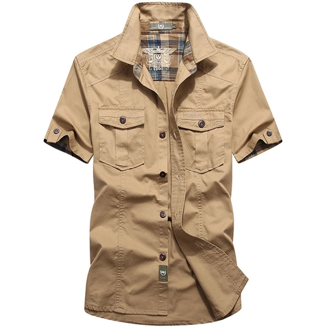 Heren Korte Mouw Katoen Cargo Overhemd Militaire Stijl Knoopsluiting Casual Werkoverhemd Met Dubbele Zakken Geruite Bies