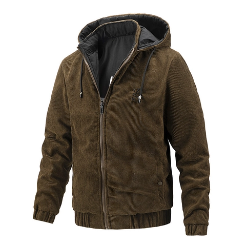 Veste Homme en Velours Côtelé à Capuche Réversible Décontractée Coupe-vent Bomber Avec Broderie Extérieur Manches Longues