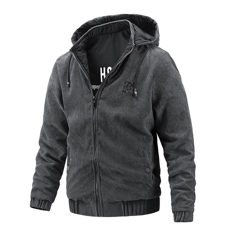 Veste Homme en Velours Côtelé à Capuche Réversible Décontractée Coupe-vent Bomber Avec Broderie Extérieur Manches Longues
