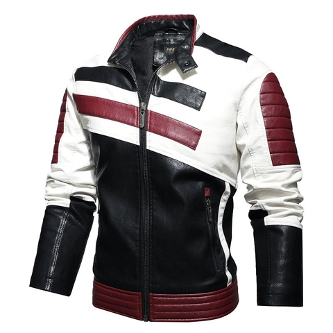 Heren PU Leren Motorjas Color Block Contrast Opstaande Kraag Rits Gewatteerd Casual Winter Warme Biker Jas Outerwear