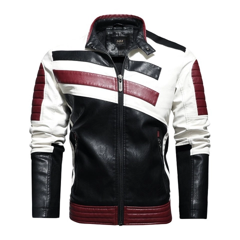 Heren PU Leren Motorjas Color Block Contrast Opstaande Kraag Rits Gewatteerd Casual Winter Warme Biker Jas Outerwear