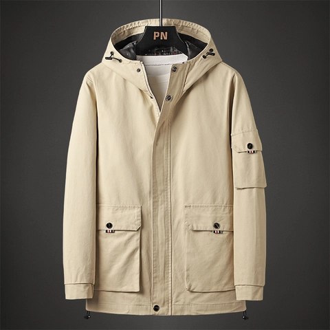 Herren Casual Workwear Jacke Mit Kapuze Baumwolle Multi-Tasche Winddicht Military Style Mantel Mit Webband Detail