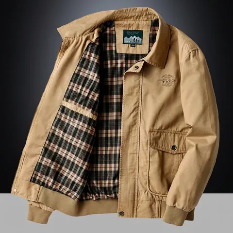 Chaqueta Casual de Algodón para Hombre Solapa Clásica Cremallera Color Sólido Forro de Cuadros Bordado Cortavientos para Hombre