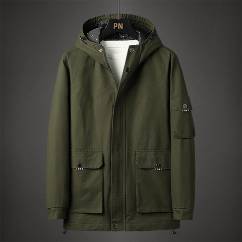 Herren Casual Workwear Jacke Mit Kapuze Baumwolle Multi-Tasche Winddicht Military Style Mantel Mit Webband Detail