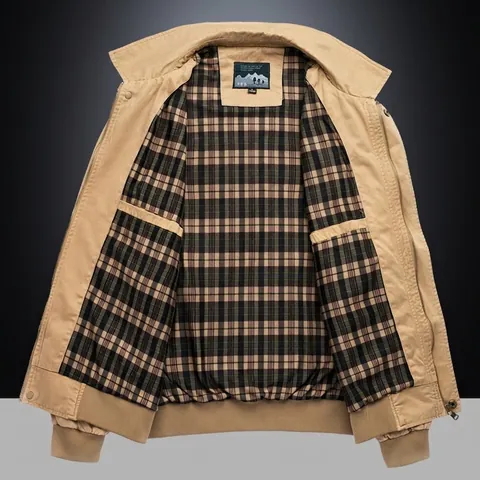 Chaqueta Casual de Algodón para Hombre Solapa Clásica Cremallera Color Sólido Forro de Cuadros Bordado Cortavientos para Hombre