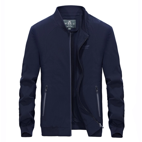 Men Casual Bomber Jacket Polyester Breathable Windproof Coat With Stand Collar Ribbed Cuff Zipper Pockets Spring Autumn Outerwear