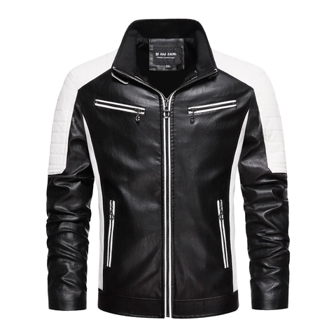 Men Motorbike Faux Leather Jacket Stand Collar Contrast Color Stitching Zipper Up Windproof PU Leather Coat For Men