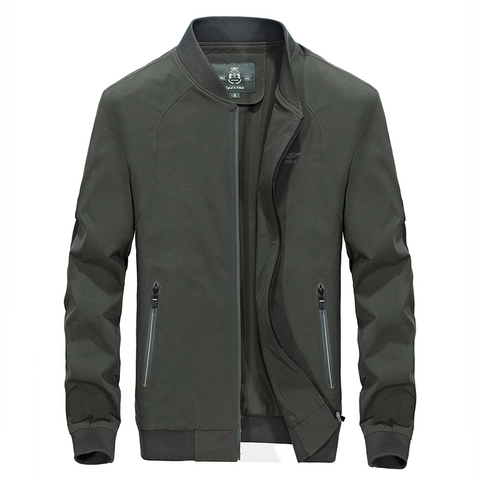 Men Casual Bomber Jacket Polyester Breathable Windproof Coat With Stand Collar Ribbed Cuff Zipper Pockets Spring Autumn Outerwear