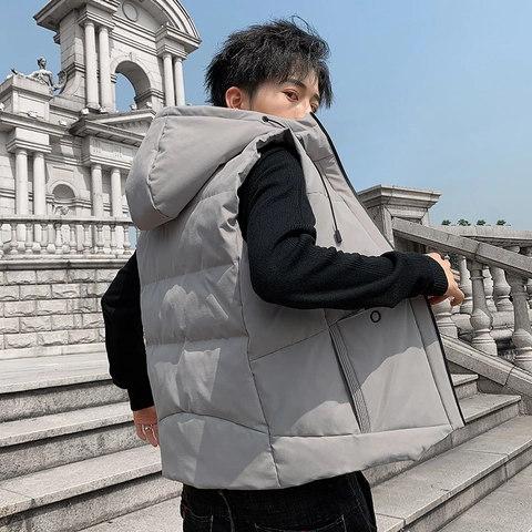 Gilet da Uomo Imbottito in Cotone Con Cappuccio Giacca Senza Maniche Calda e Spessa Inverno Outdoor Antivento Trapuntato Cappotto da Uomo