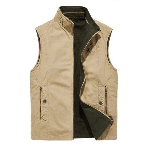 Men Outdoor Casual Multi-Pocket Vest Cotton Stand-Up Collar Reversible Tactical Waistcoat For Photography Fishing Hiking Outerwear